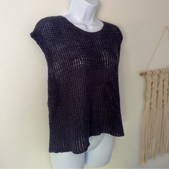 Eileen Fisher Navy Crochet Knit Split Back Top Organic Linen Cotton Blend XL - Picture 7 of 13